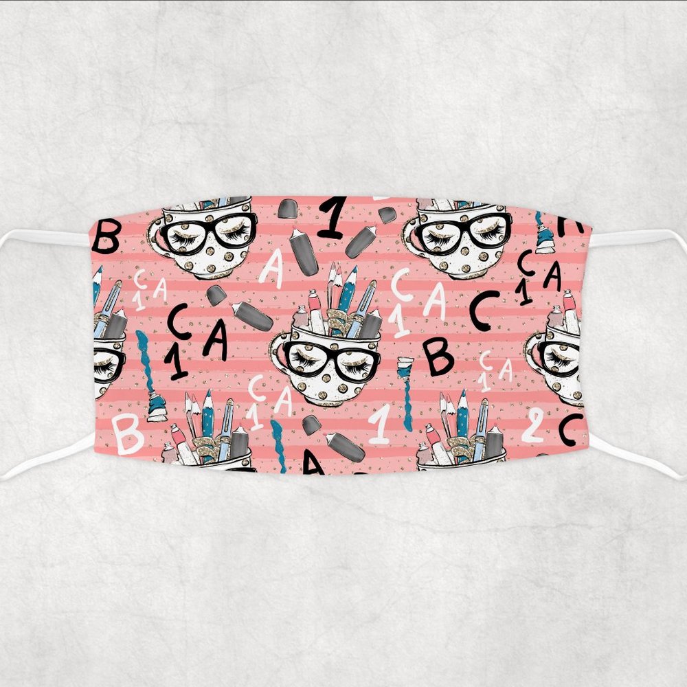 Women's Girls Pink Gold Sparkly School Design Custom Hand Pressed Face Mask